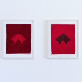 Annette Hur, Moth Red on Red 00.01 (dyptich), 2020, Korean silk and watercolor on fabric, 16 x 13 inches each