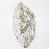 Shield II, 2019, plaster, yarn, resin, saw dust, cheesecloth, pigment, 36 x 24 x 2 inches