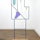 Allison Wade, Untitled (Cosmic Fishing #1), 2O21, powder coated steel, steel, paint, magnets, ball chain, wood, 72 x 28 x 8 inches