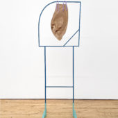 Allison Wade, Untitled (Cosmic Fishing #3), 2O21, powder coated steel, paint, wood, hand-dyed fabric, 67 x 23 x 14 inches
