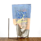 Maggie Crowley, Banquet, 2022, gouache on silk, angle iron, welded angle iron