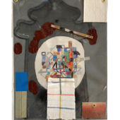 Sean Sullivan, Friday Night Kitchen Poem, 2O21, photocopy, canvas, cardboard, found  paper, crayon, oil paint, staples, brass rivets, plastic sleeve, 11 x 8.5 inches