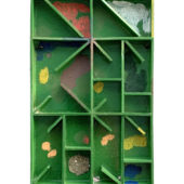 Sean Sullivan, Green Bell (Nest), 2021, oil, spray, vinyl paints on cardboard, tape, 8 x 5 inches