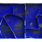 Sean Sullivan, True Blue (Azul), 2O22, oil, vinyl paints on cardboard, masking tape, metal tape, sand,  8.75 x 11 inches