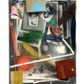 Sean Sullivan, Junk Bond, 2O21, photocopy, canvas, cardboard, found  paper, crayon, oil paint, staples, brass rivets, plastic sleeve, 11 x 8.5 inches