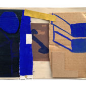 Sean Sullivan, Midnight Immure, 2O22, oil, vinyl paints on cardboard, canvas, found paper, staples, brass rivets, 9 x 11.75 inches