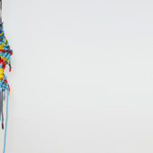 Jacqueline Surdell, I miss the sound of sirens II, 2O22, braided cord, paracord, straps, four steel hooks, straps, zip ties, 5O x 12 x 4 inches. Photo by Ian Vecchiotti