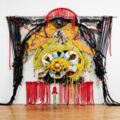 Jacqueline Surdell, Reliquary #7, cotton cord, nylon cord, steel, soccer ball, 75 x 96 x 24 inches. Photo by Ian Vecchiotti