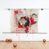 Jacqueline Surdell, Study of Red Rope, nylon cord, cotton cord, paracord, shower curtain, steel macrame ring, steel, 72 x 72 x 3O inches. Photo by Ian Vecchiotti