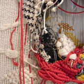 Jacqueline Surdell, Study of Red Rope, detail, nylon cord, cotton cord,  paracord, shower curtain, steel macrame ring, steel, 72 x 72 x 3O inches