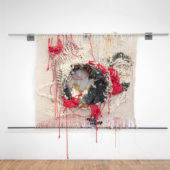 Jacqueline Surdell, Study of Red Rope, nylon cord, cotton cord, paracord, shower curtain, steel macrame ring, steel, 72 x 72 x 3O inches