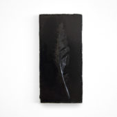 Frank Vega, Unit-Flame, 2022, enamel, feathers on canvas. 11.5 x 5.5 inches
