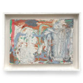 Sean Noonan,  Old and New, 2021, oil on found wood, white lacquered oak artist frame, 9.25 x 12 inches