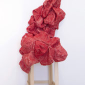 Elnaz Javani, Cell, 2O18, Red string sewn onto fabric with hand held sewing machine