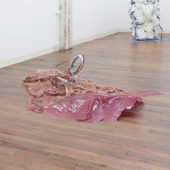 Drifting I 2020 resin, cheesecloth, sawdust, found wood, ace bandage 72 x 48 x 24 inches