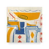 Andrew Zarou, katedral, 2024-2026, enamel, latex and vinyl paint on textiles mounted on birchboard, 18 x 18 inches