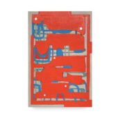 Andrew Zarou, 2023, against erosion, enamel and Flashe on unprimed, found textile, 18 x 12 inches