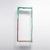 Allison Wade, am is are was were (mint and walnut), 2025, papier-mâché, Aqua-Resin, acrylic paint, texture paste, wood, 32 x 14.5 x 2.5 inches