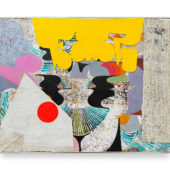 Guzzo Pinc, Bizarre Love Triangle, 2023, mixed materials on canvas, 42 x 53 inches